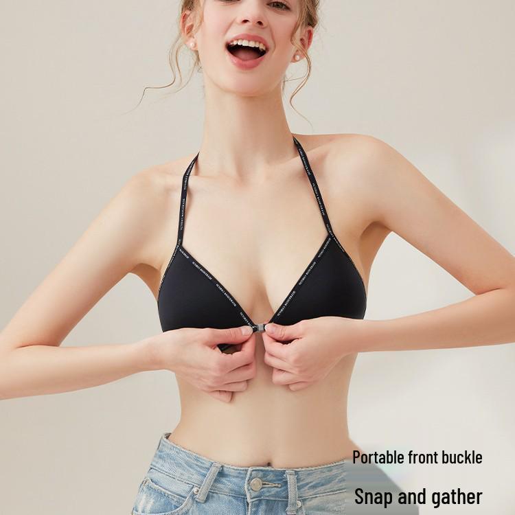Front Buckle Halterneck Invisible Triangle Cup Bra for Women - Strapless, Low Back, Thin Straps, Summer Style for Small Busts.