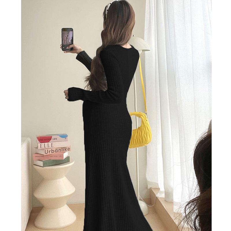 Maternity French Style Dress: Spring/Autumn Innerwear, Plus Velvet Warm, Solid Color, Round Neck, Belly Support, Slimming