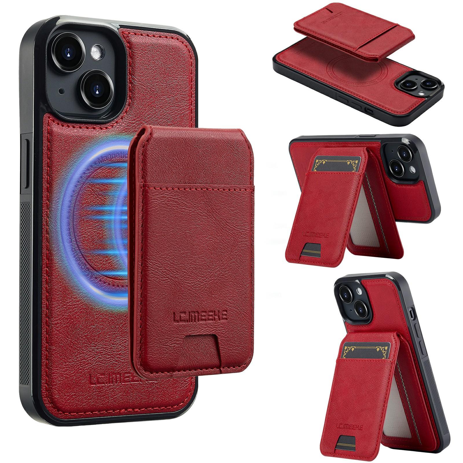 

LC.IMEEKE L3 For iPhone 15 Magnetic Case Detachable Card Holder Leather+TPU Mobile Cover Red