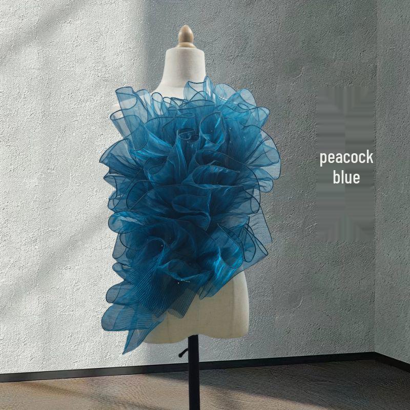 Deep Sea Blue Gradient Lace Pleated Skirt Fabric with Lotus Leaf Design for DIY Clothing