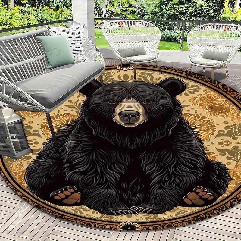 Majestic Black Bear Pattern Flannel-printed Round Floor Mats Are Slip-resistant Suitable for Living Room Terrace Garden Carpets