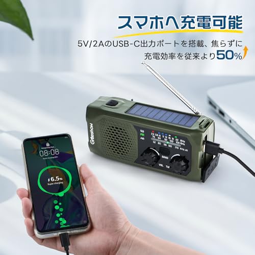 Greeshow GS-298 Multi-Function Emergency Radio with Hand-Crank Charging, FM/AM/SW Compatible, Solar/USB Charging, Fast Smartphone Charging, IPX4 Water