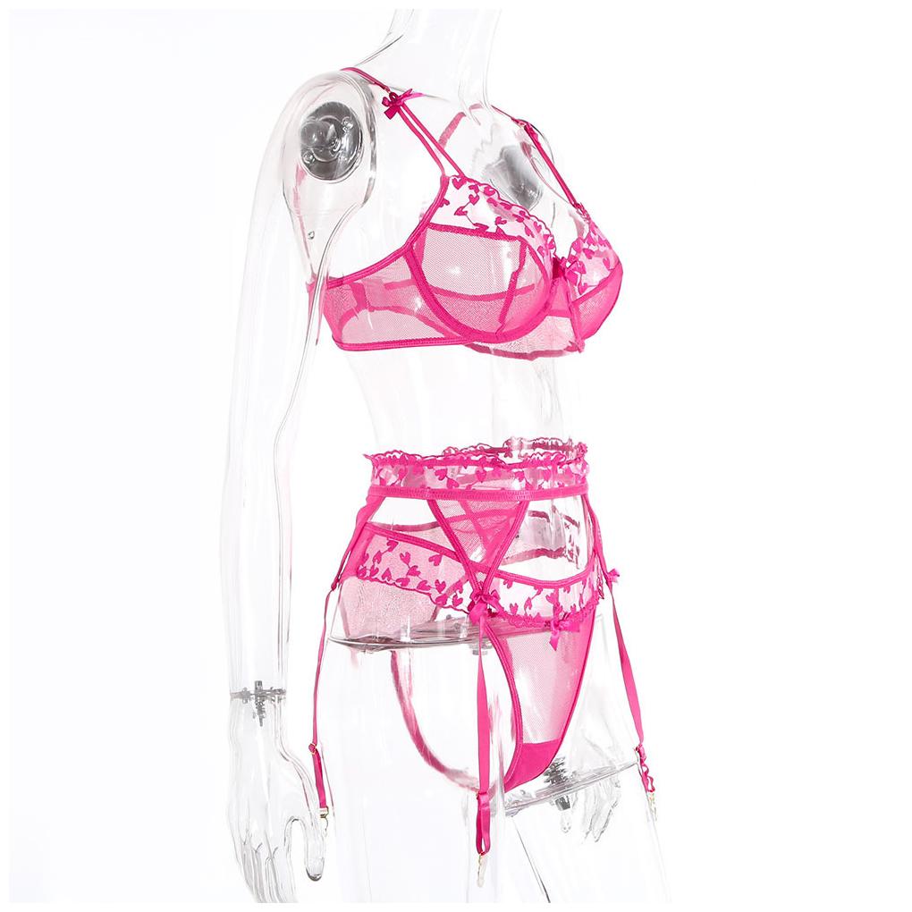 3 Pieces/Set Sexy Embroidery Bra Garter Lingerie Photography Thong Bowknot Underwear Kit Female Sleepwear