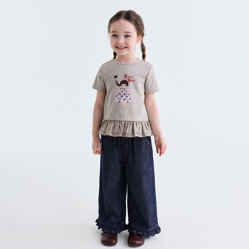 Girls' Summer Cartoon Print Ruffle Short Sleeve Top