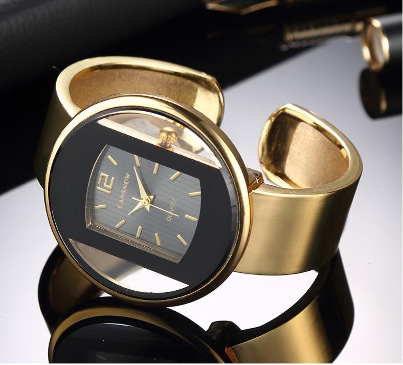 Women's Luxury Fashion Watch with Gold Steel Band and Black Dial