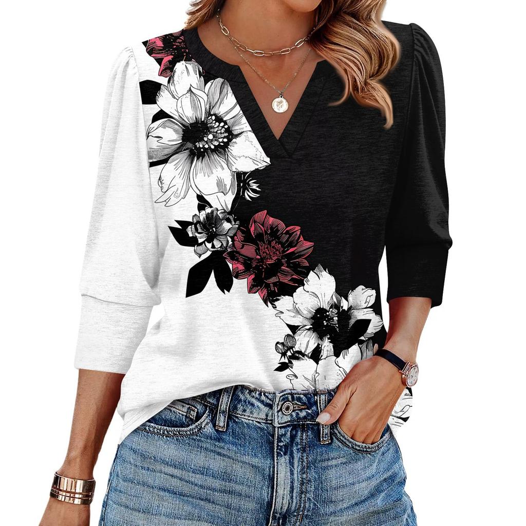 Women's Fashion Casual 3/4 Sleeve Print Shirt Women's V-Neck Tops