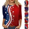 Modisches lässiges Damen-T-Shirt-Oberteil mit Rundhalsausschnitt, Dreiviertelärm und Unabhängigkeitstag-Aufdruck