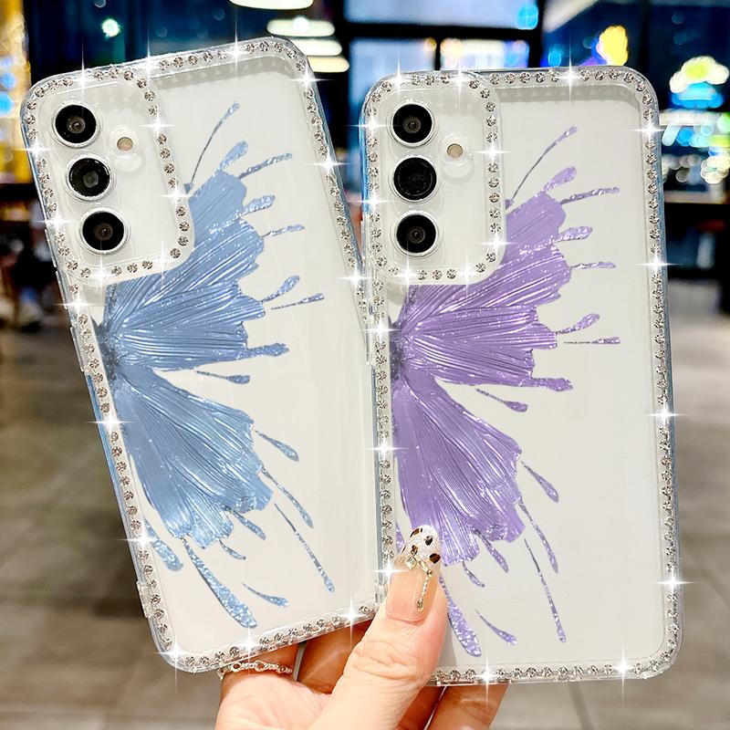 Diamond Frame Soft Silicone Shockproof Case For Samsung S25 Ultra S24 FE S23 S22 A16 A56 A36 A15 A55 A35 Butterfly Print Clear Phone Cover