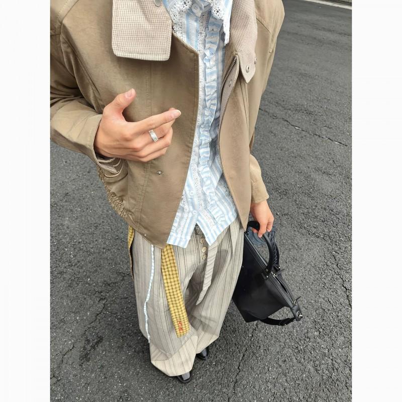 Old Money Style Striped Wide Leg Pants Unisex Loose Fit Draped Casual Trousers Khaki Straight Suit