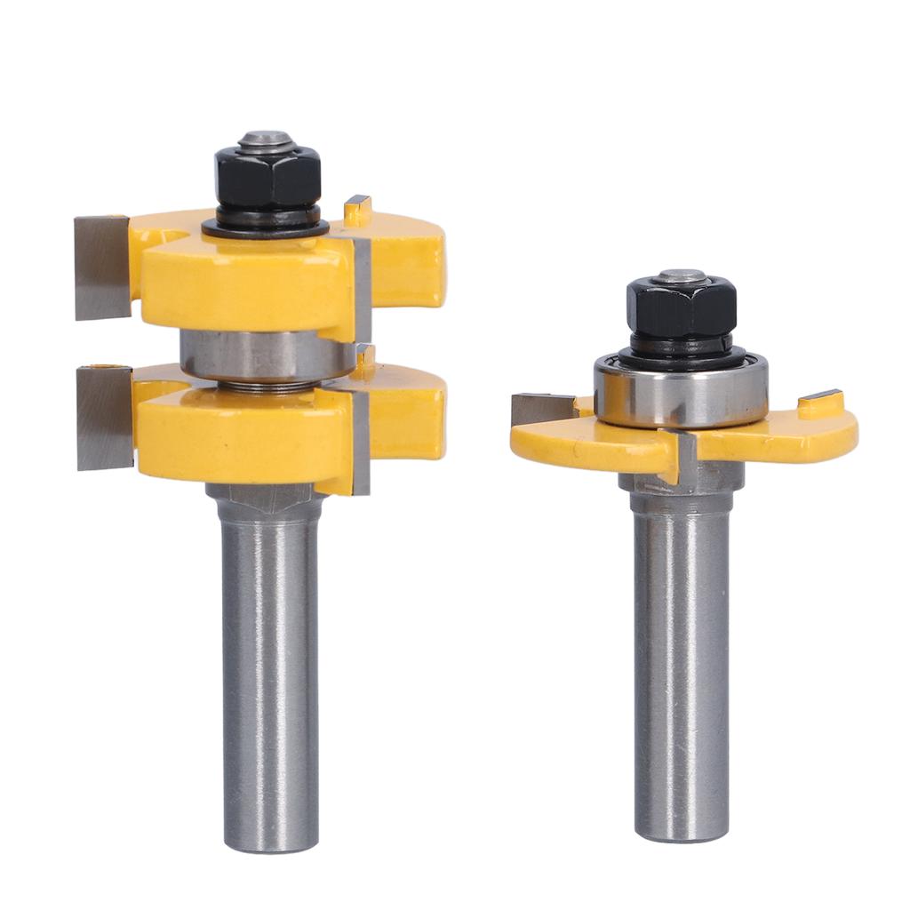 2Pcs Tongue Groove Router Bit T Shape 3 Teeth 1 Bearing Woodworking Milling Cutter 12in Shank