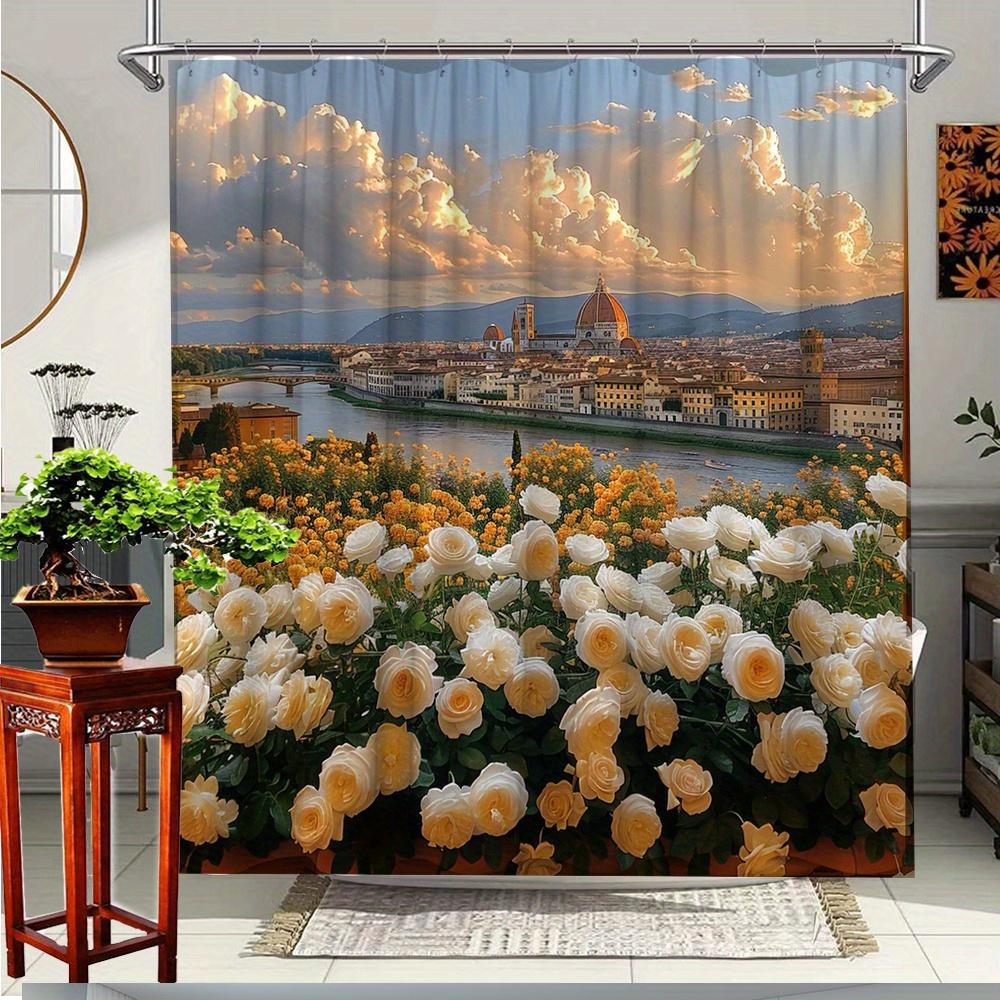 

1pc Stunning Rose Garden Shower Curtain - Floral & Scenic View, Durable Polyester Fabric, 70. 8x70. 8 Inches, Includes 12 Hooks, 90x180cm