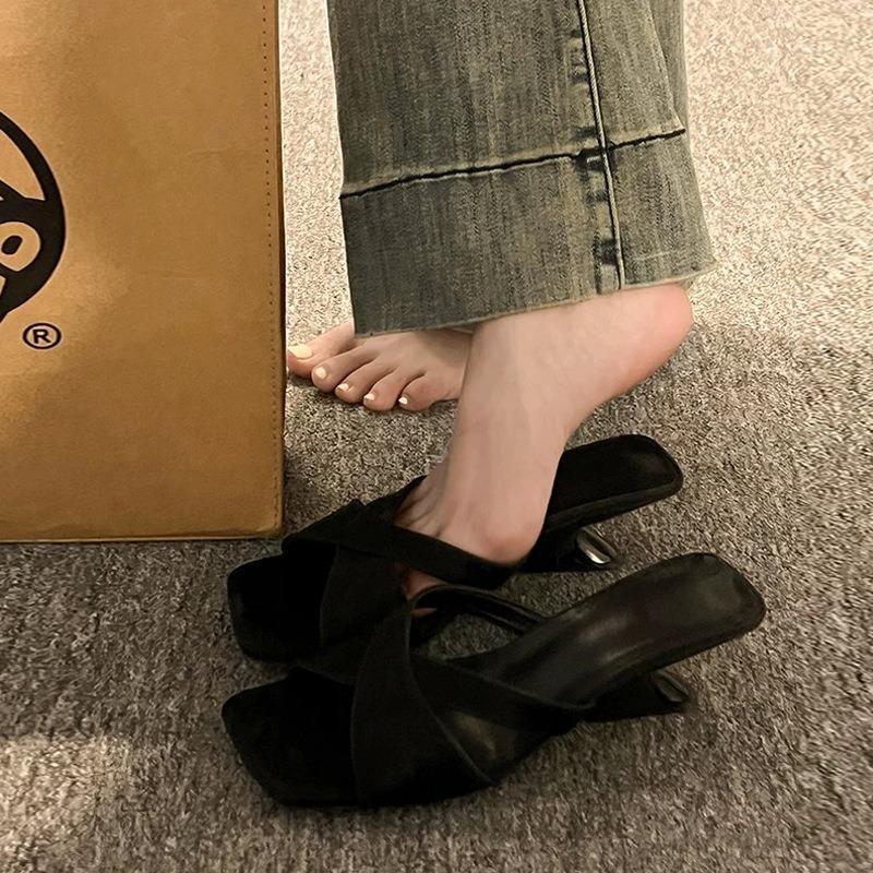 Fashion French Style Women High-heel Sandals Designer Slippers Fashion Square Toe Slope Heel Slippers Summer Open Toe High Heel Slippers