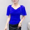 New Fashion Women's Chic Butterfly Sleeve Hot Diamonds Summer T-shirt Sexy Square Neck Slim Mesh Tops Elegant Female Tees