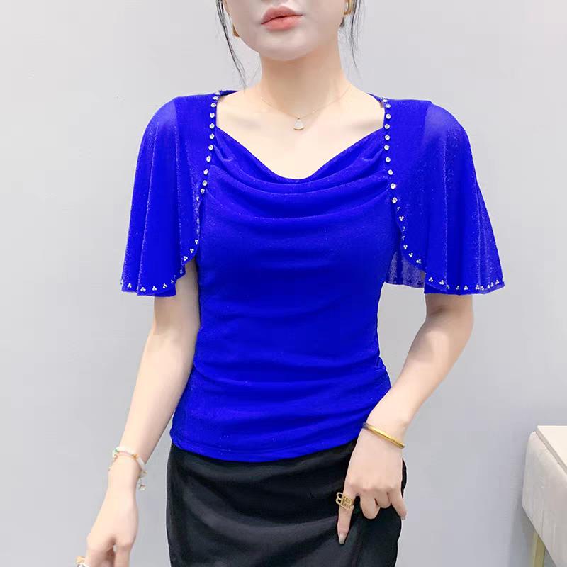 New Fashion Women's Chic Butterfly Sleeve Hot Diamonds Summer T-shirt Sexy Square Neck Slim Mesh Tops Elegant Female Tees