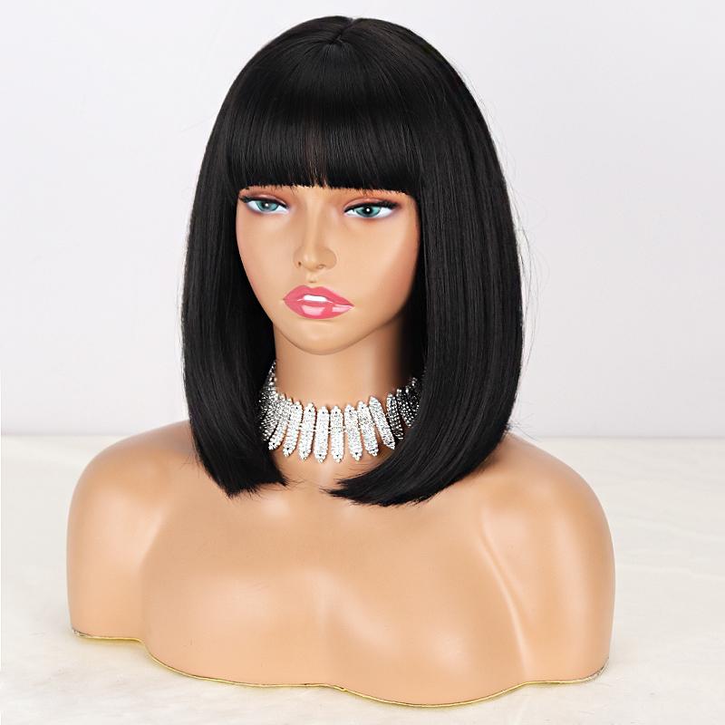 LISI HAIR Damenmode, kurze, reinweiße Bob-Perücke mit glattem Pony, Kunstfaser, schulterlang, glatt, Bob, weiß-silberne Perücke