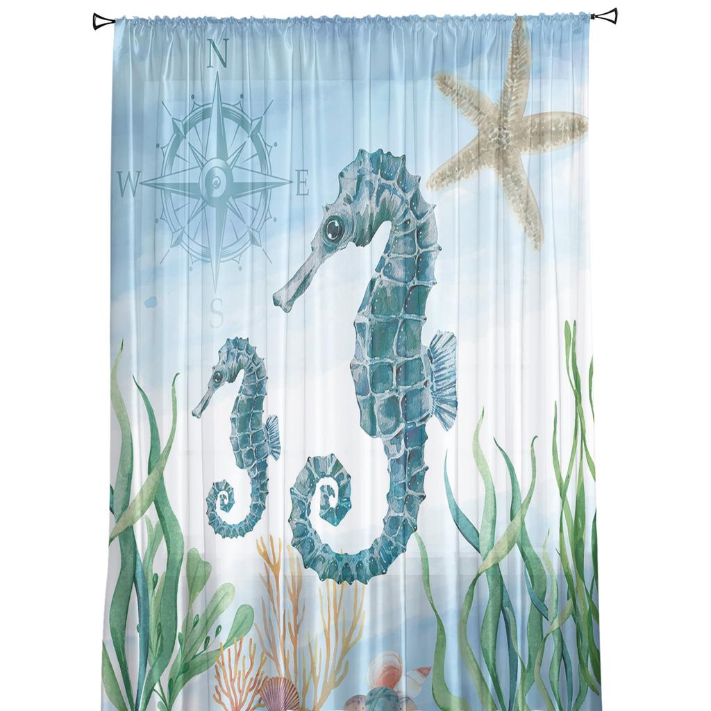 Marine Animal Hippocampus Seaweed Compass Tulle Curtain Voile Transparent for Bedroom Living Room Kitchen Sheer Window Curtains