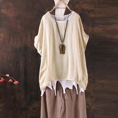 Women's Summer Round Neck Short Sleeve T-shirt Casual Cotton Linen Shirt