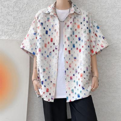 Men Frayed Color Block Print Short Sleeve Shirt Casual Loose Fashion Streetwear Top