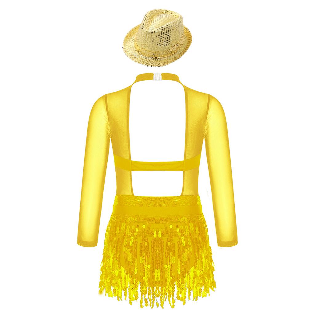 Mädchen Jazz Tanzkleid Langarm Hohlrücken Patchwork Design Glänzende Pailletten Quasten Bühnenoutfit