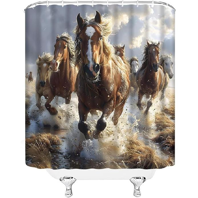 GCTNBJL Horse Shower Curtain Rustic Animal Horse Running River Fall Farmhouse Country Western Brown Bathroom Home Curtain with Hooks,70x70 Inch