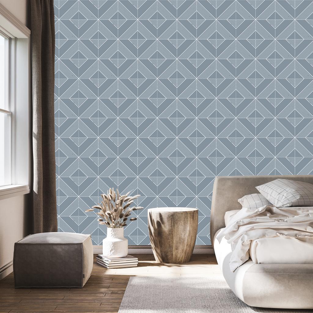 Geometric Rhombus Wallpaper Blue and Light Gray 50x1000
