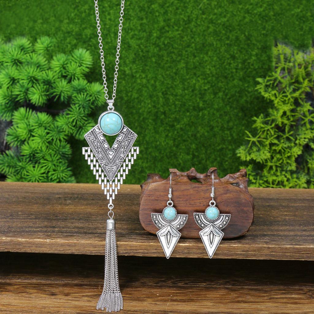 Ethnic Blue Stone Retro Chain Tassel Long Necklace Earring Turkish Gypsy Copper Color Geometric Carved Necklace for Women Party