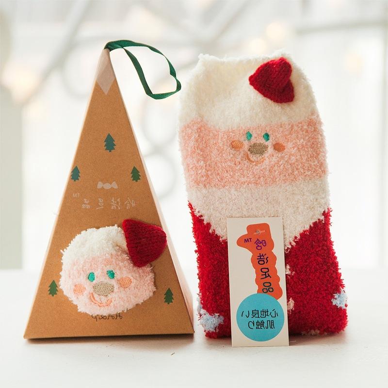Autumn/Winter Coral Fleece Cartoon Socks - Half Fleece Sleep Women's Socks with 3D Embroidery Christmas Socks