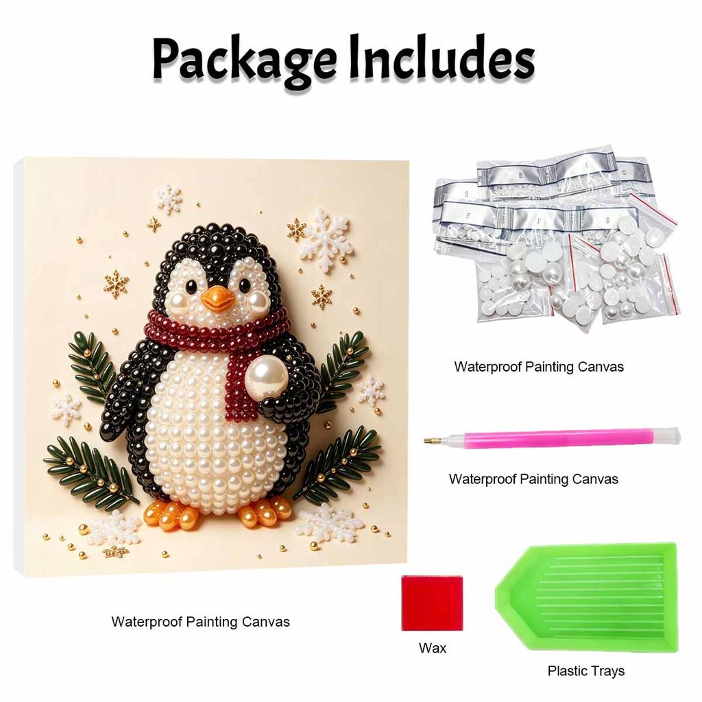 Framed Pearl Painting Kit DIY with Winter Penguin Scarf Design 3D Shiny Bead Art Canvas Ready to Display Elegant Home Decor Gift Idea