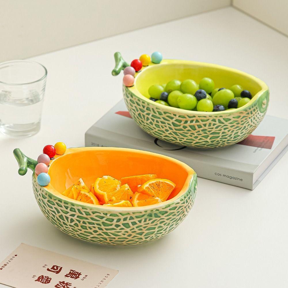 Hami Melon Shape Fruit Bowl with Fork Large Capacity Cute Toothpick with Holder Dessert Serving