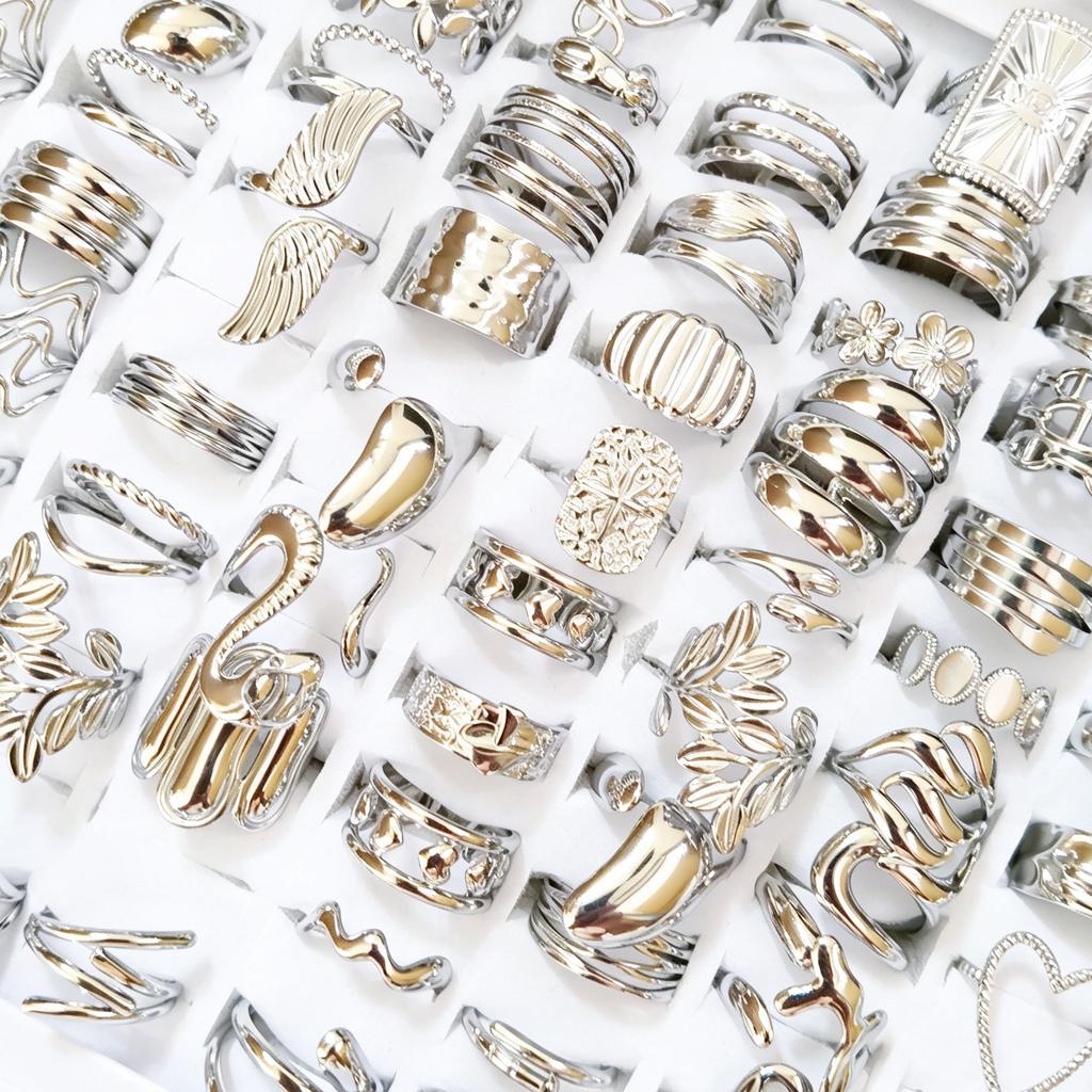 10Pcs Stainless steel geometric engraved ring, alloy open ring finger ring