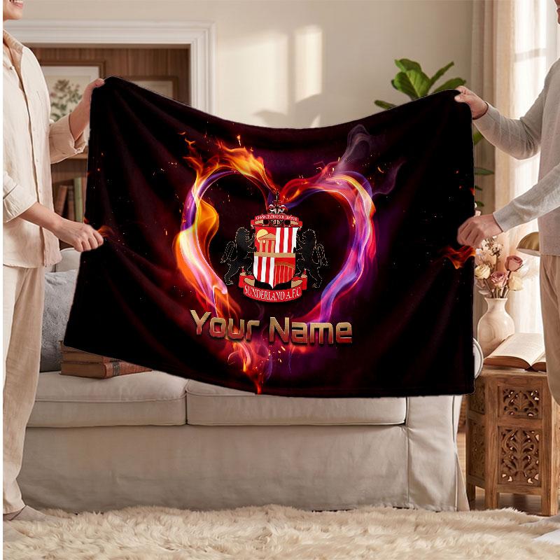 Sunderland FC Personalized Fleece Blanket With Football Logo, Custom Name Text Soft Warm Home Throw Blanket