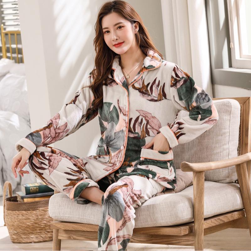 Women's Plus Size Thick Coral Fleece Pajamas - Warm Flannel Homewear for Autumn and Winter