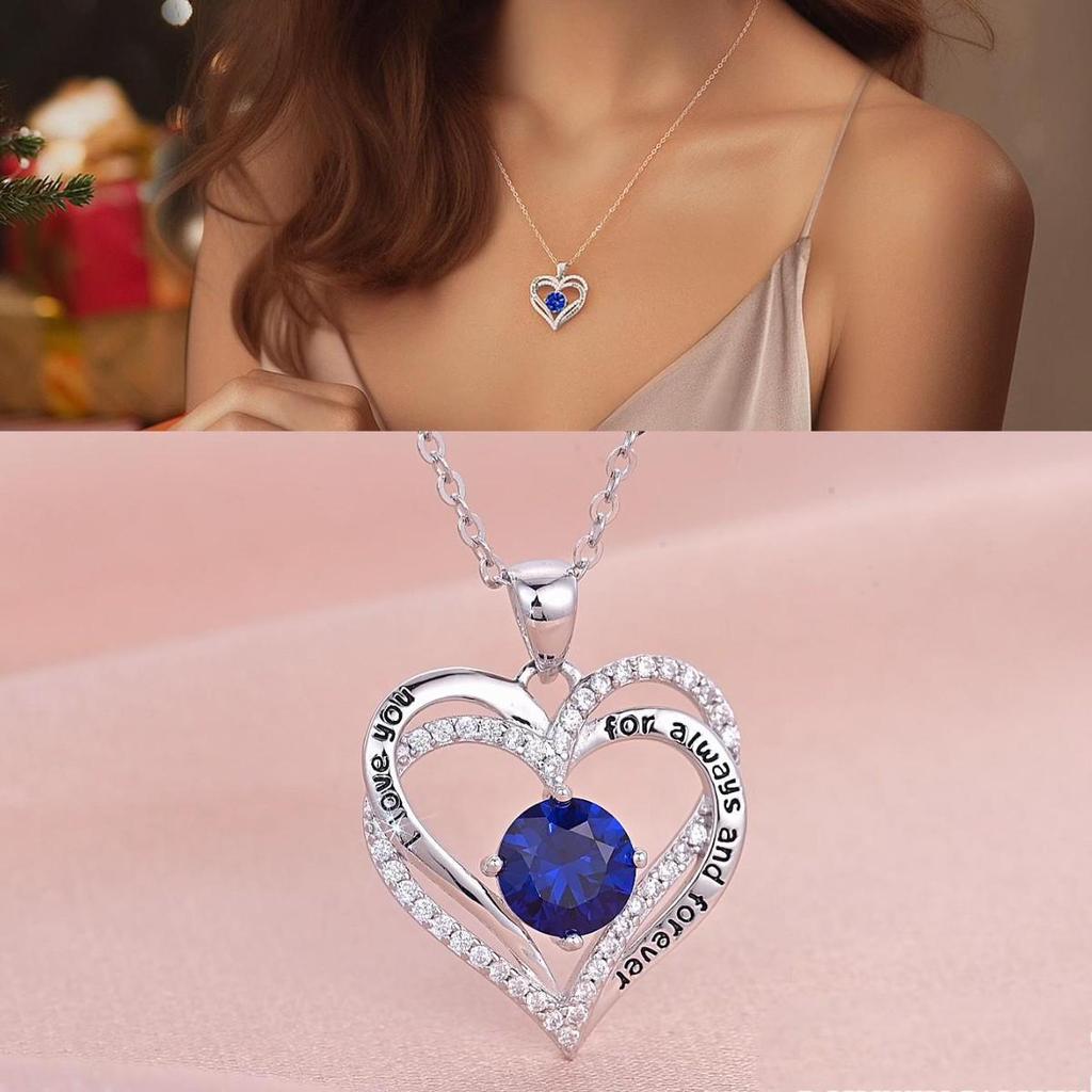 White Gold Double-layer Heart Pendant Necklace - Twelve Birthstone Options