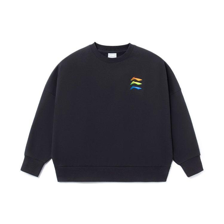 Li Ning Sports Fashion Collection Logo Embroidery Fleece Lined Loose Fit Crew Neck Pullover Sweatshirt Women's Black AWDRF42-2