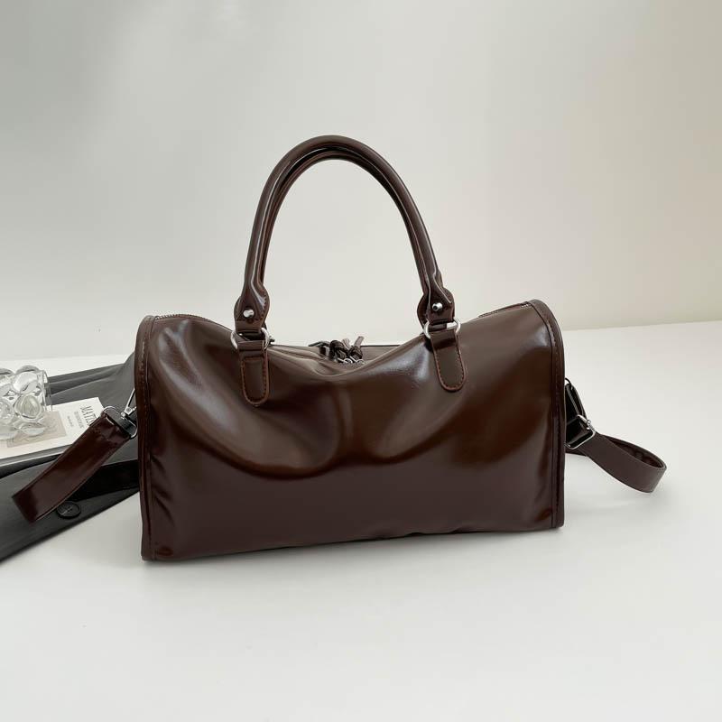 Glossy Faux Leather Duffel Bag Women's Fashion Shoulder Tote with Front Zip Pocket and Adjustable Strap