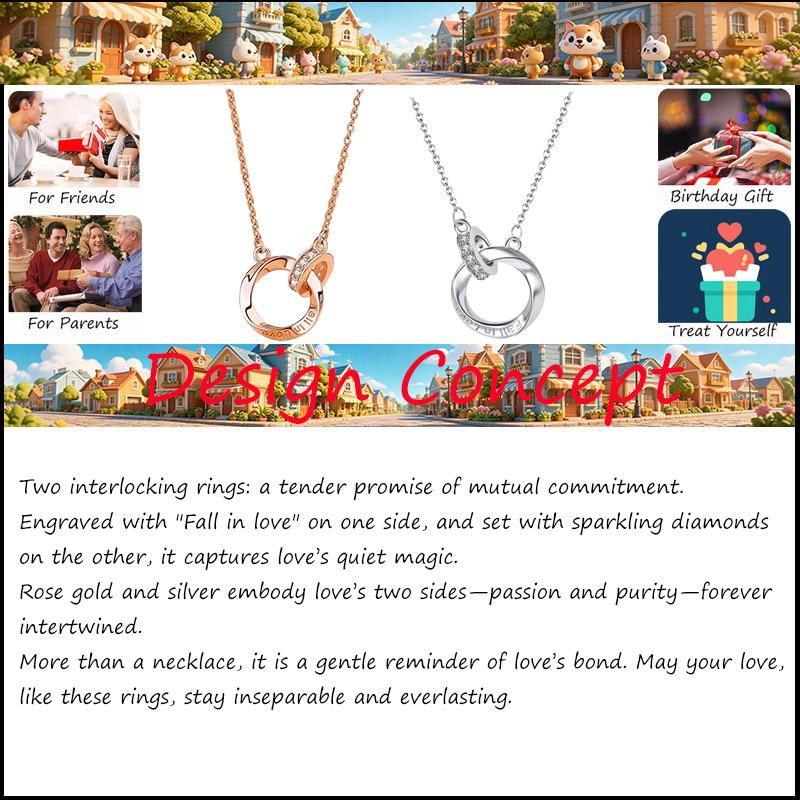 Fall In Love Interlocking Circles Pendant Necklace Women Rose Gold Silver Double Ring CZ Pendant Jewelry Gift for Anniversary Valentine's Day Daily