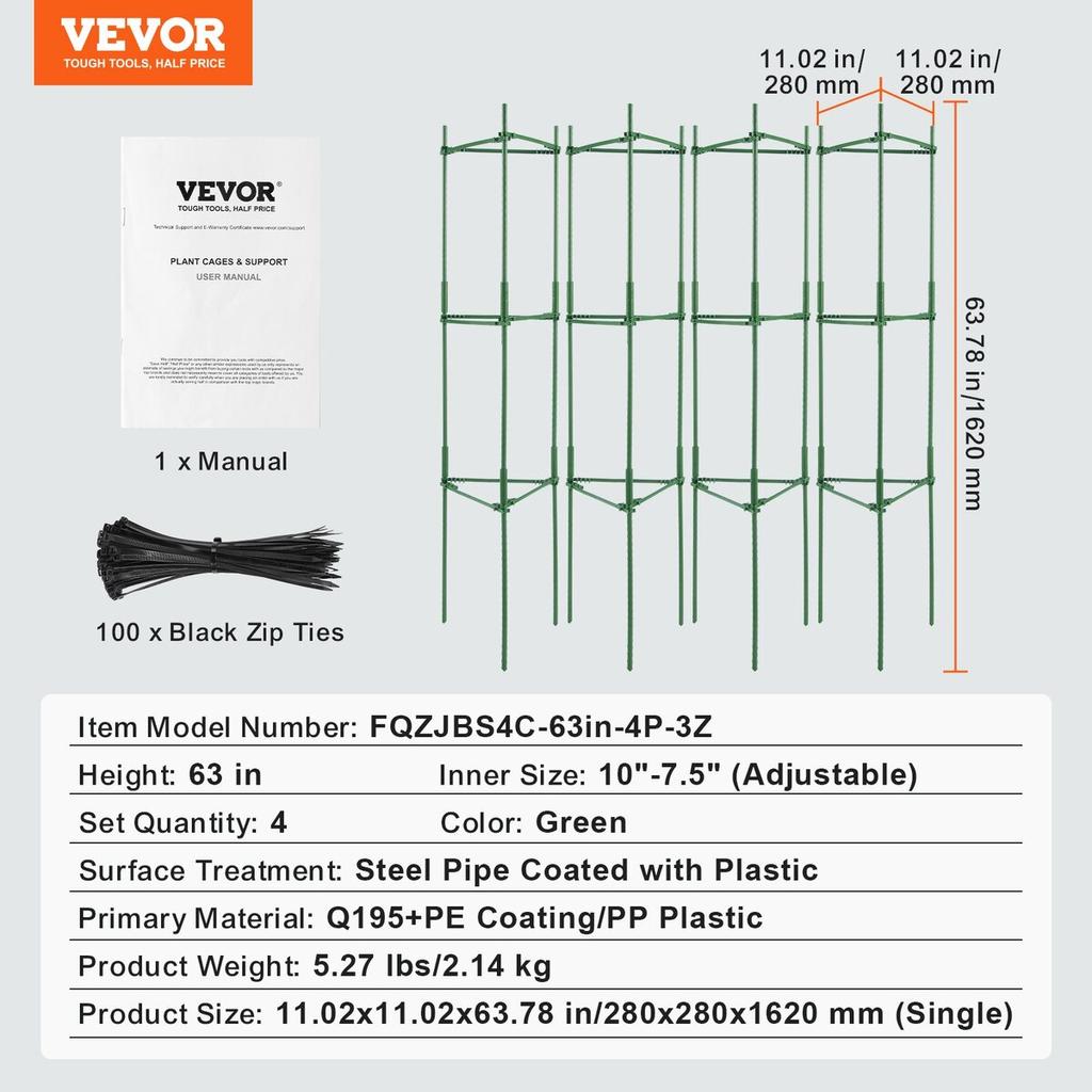 4 Packs Tomato Cages for Garden 63" Tomato Plant Stakes Support Cage