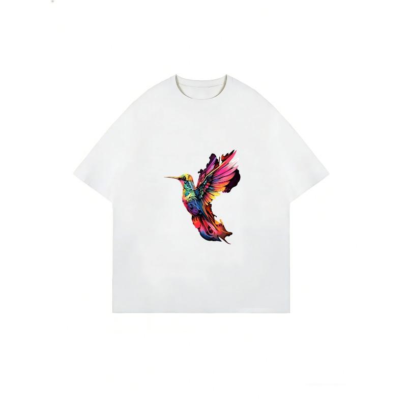 Women Casual T Shirt White Colorful Hummingbird Print Summer Fashion Top For Daily Wear And Outing