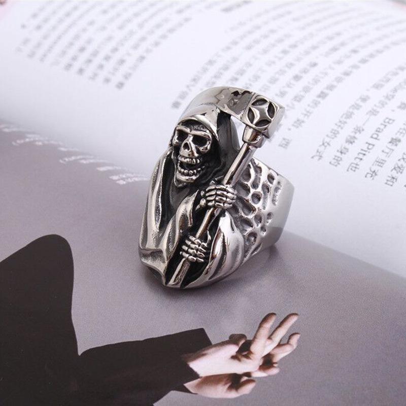 Men's Grim Reaper Scythe Skull Ring in Retro Titanium Steel