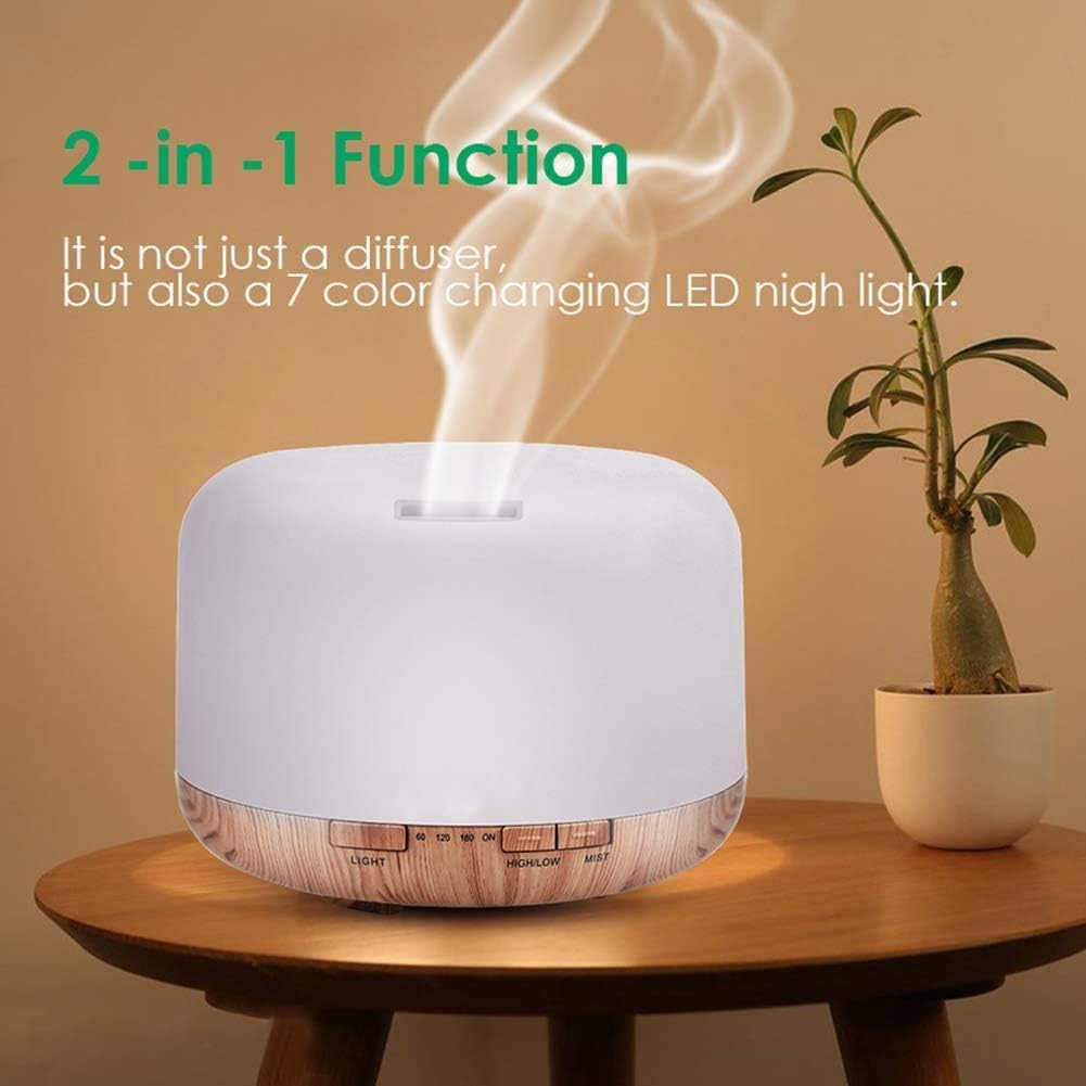 500ml Aromatherapy Essential Oil Diffuser Ultrasonic Air Humidifier with 4 Timer Settings 7 LED Color Changing Lamps, 10 Hours Continuous Mist Mo