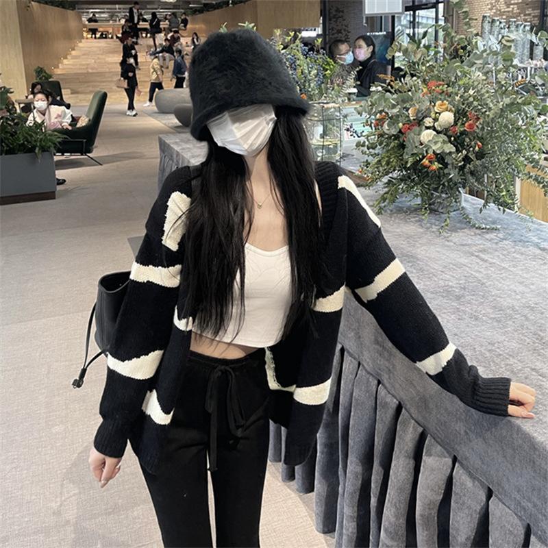 Pulover de damă de toamnă și iarnă, cu dungi care se confruntă, cardigan tricotat cu decolteu în V, în stil colegiu, cu mânecă lungă