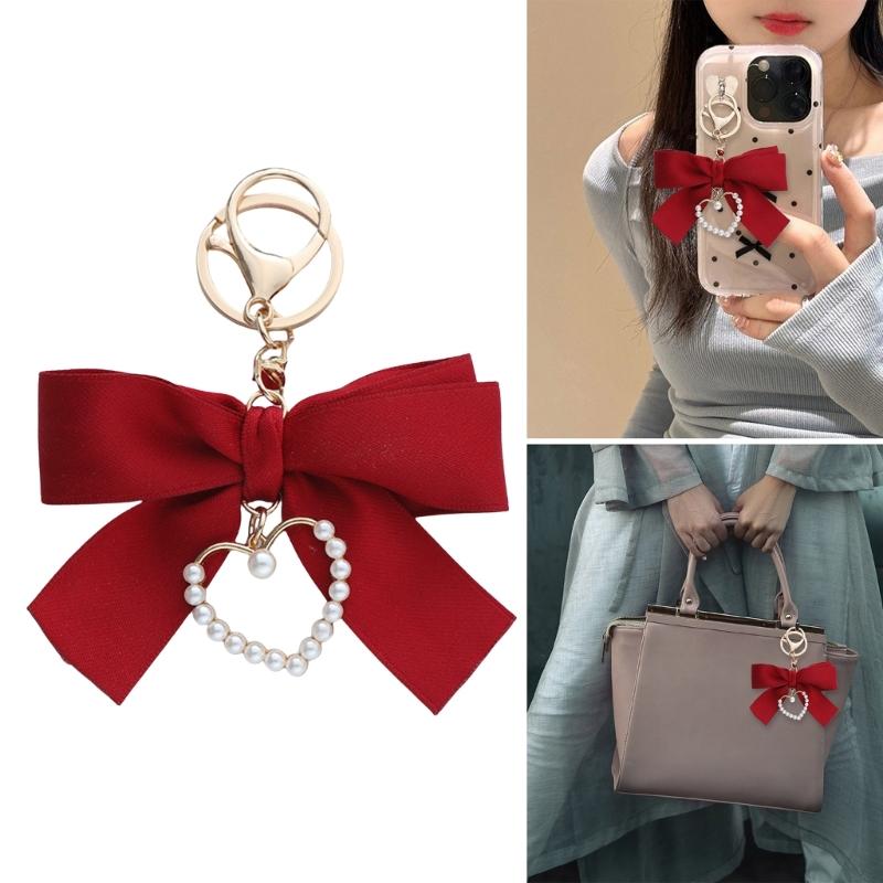 Elegant Pearls Heart Ribbon Bowknot Keychain For Women With Korean Style Design And Sturdy Alloy Materials