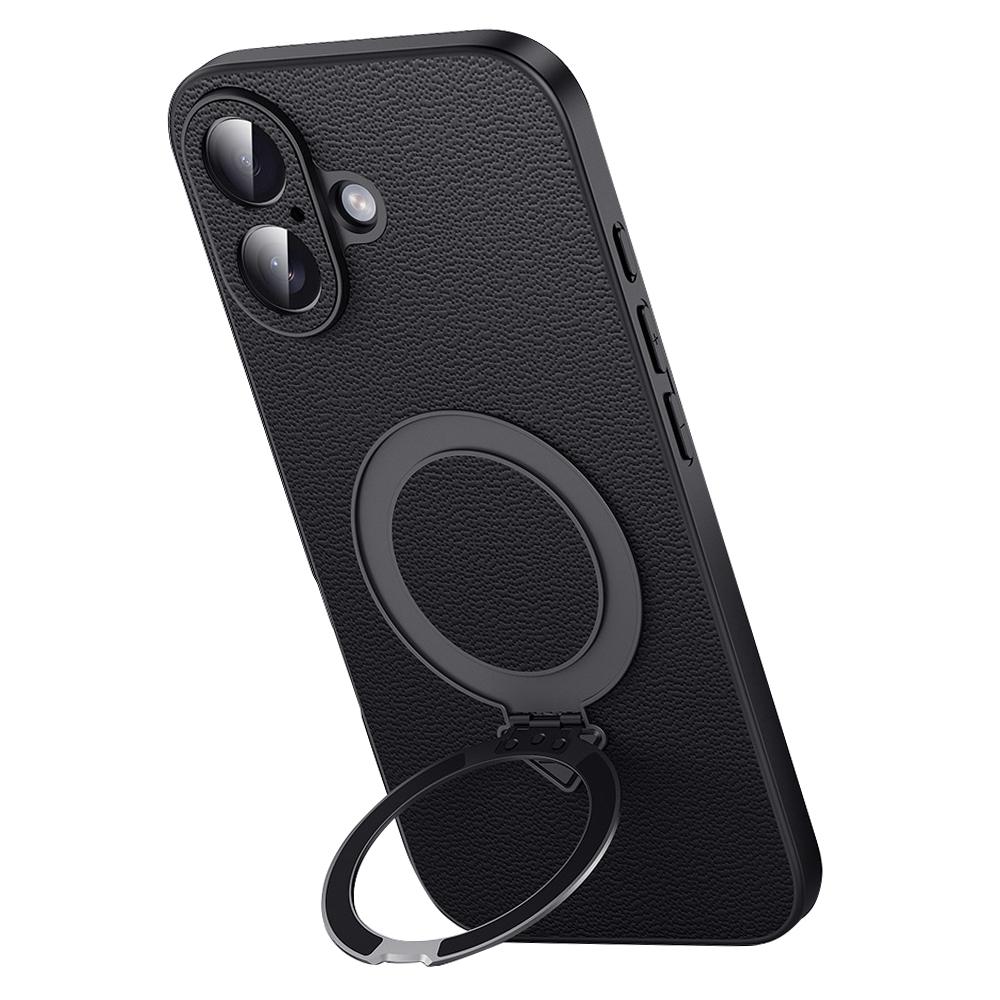 For iPhone 16 Plus Case Compatible with MagSafe Genuine Cow Leather+PC Kickstand Phone Cover