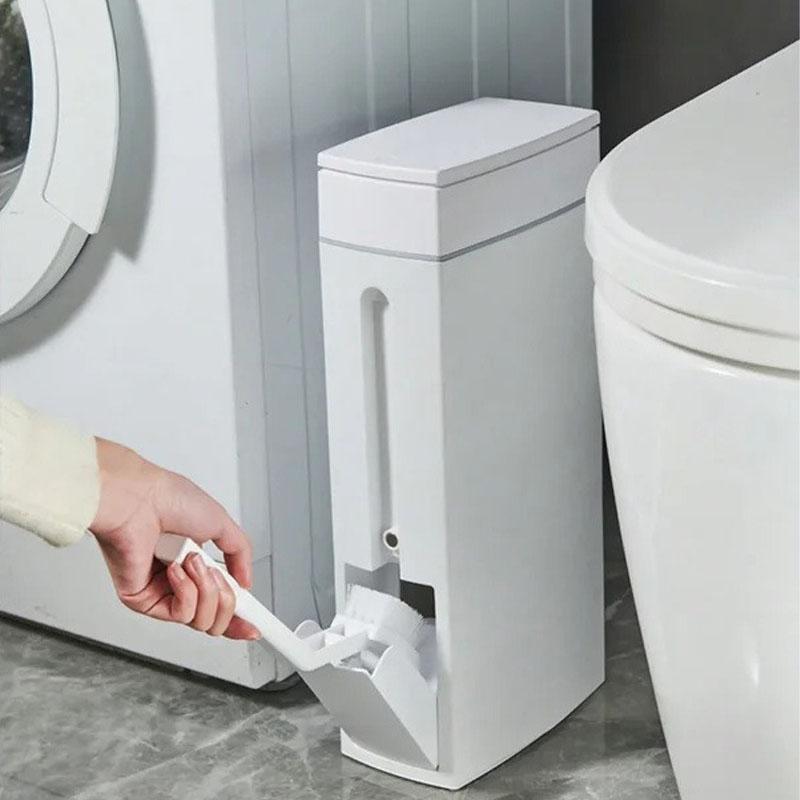 Ultra thin trash can suitable for narrow spaces, equipped with cleaning supplies, lid, and toilet brush - perfect for bathrooms