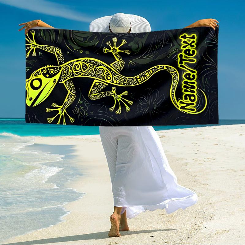 1PC Custom Name Gecko Artwork Beach Towel Highly Absorbent And Sand-Resistant Towel for Swimming, Pool, Yoga, And Travel Lightweight