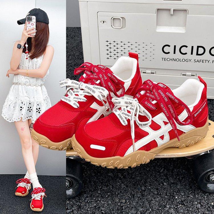 2025 Retro Versatile Agam De Training Shoes Women's Summer Leather Inner Height Increase Mesh Breathable Soft Sole Pair of Shoelaces Dad Shoes