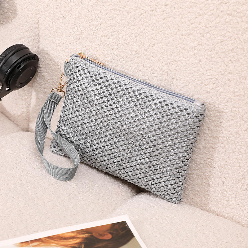 Fashion Straw Woven Bag For Women Hollow Out Beach Handbag With Wrist Strap Portable Phone Purse Solid Color Simple Cash Bag Summer Accessory