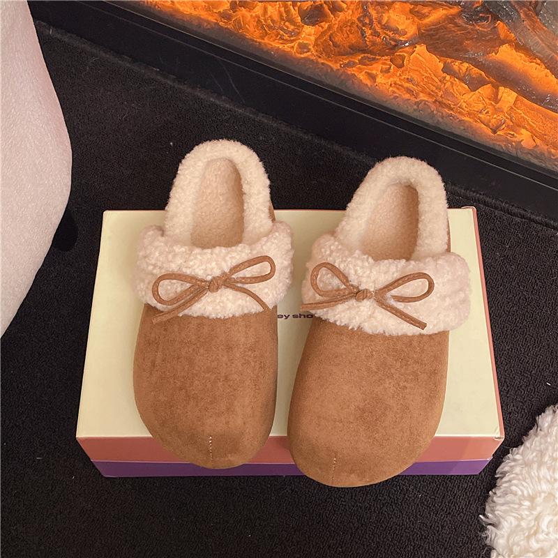 Women's Lightweight Comfortable Non-slip Heightening Winter Warm Plush Lining Non-slip Wearable Casual Stirrup Foot Cotton Slippers