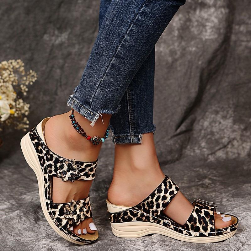 New Women's Plus Size Summer Wedge Sandals Floral & Leopard Print Fish Mouth One-Strap Design
