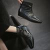Johnature Genuine Leather Pleated Height-increasing Short Boots Retro Versatile Square Toe Women's Shoes